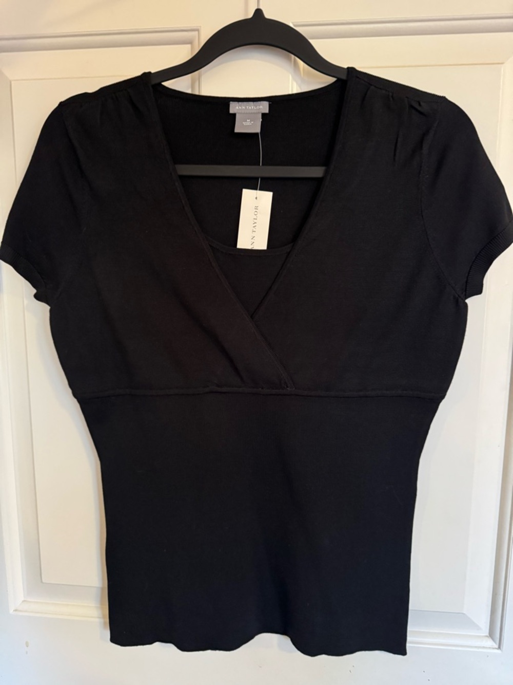 Ann Taylor Top 74% Silk Black Short Sleeve Faux Wrap Top Size- Medium **NWT**